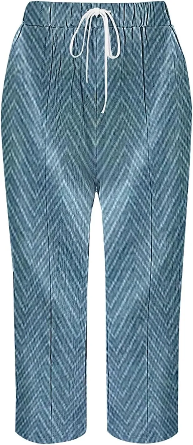 Women's Capris Elastic Cropped Trousers Boho Drawstring Linen Waist Wide-Leg Pants for Travel Beach