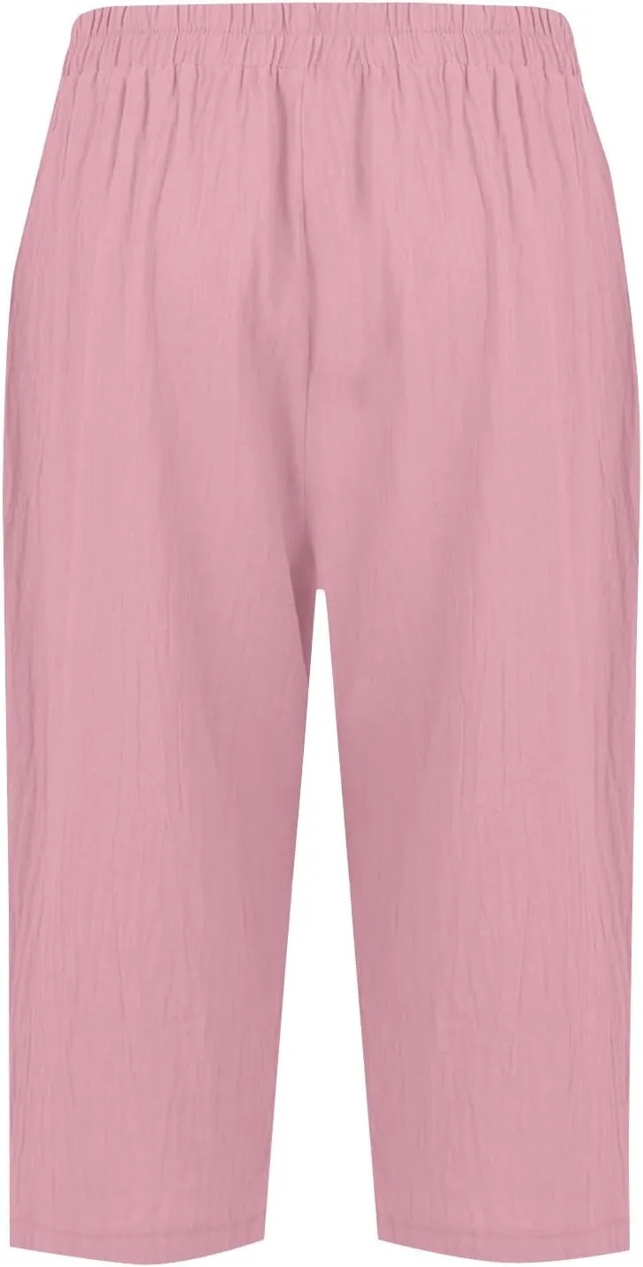 Womens Capris for Summer Elastic Waist Plus Size Capri Pants Wide Leg Linen Crop Pants Cropped Trousers with Pockets