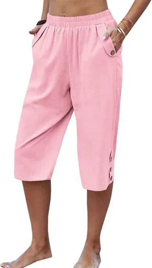 Womens Capris for Summer Elastic Waist Plus Size Capri Pants Wide Leg Linen Crop Pants Cropped Trousers with Pockets