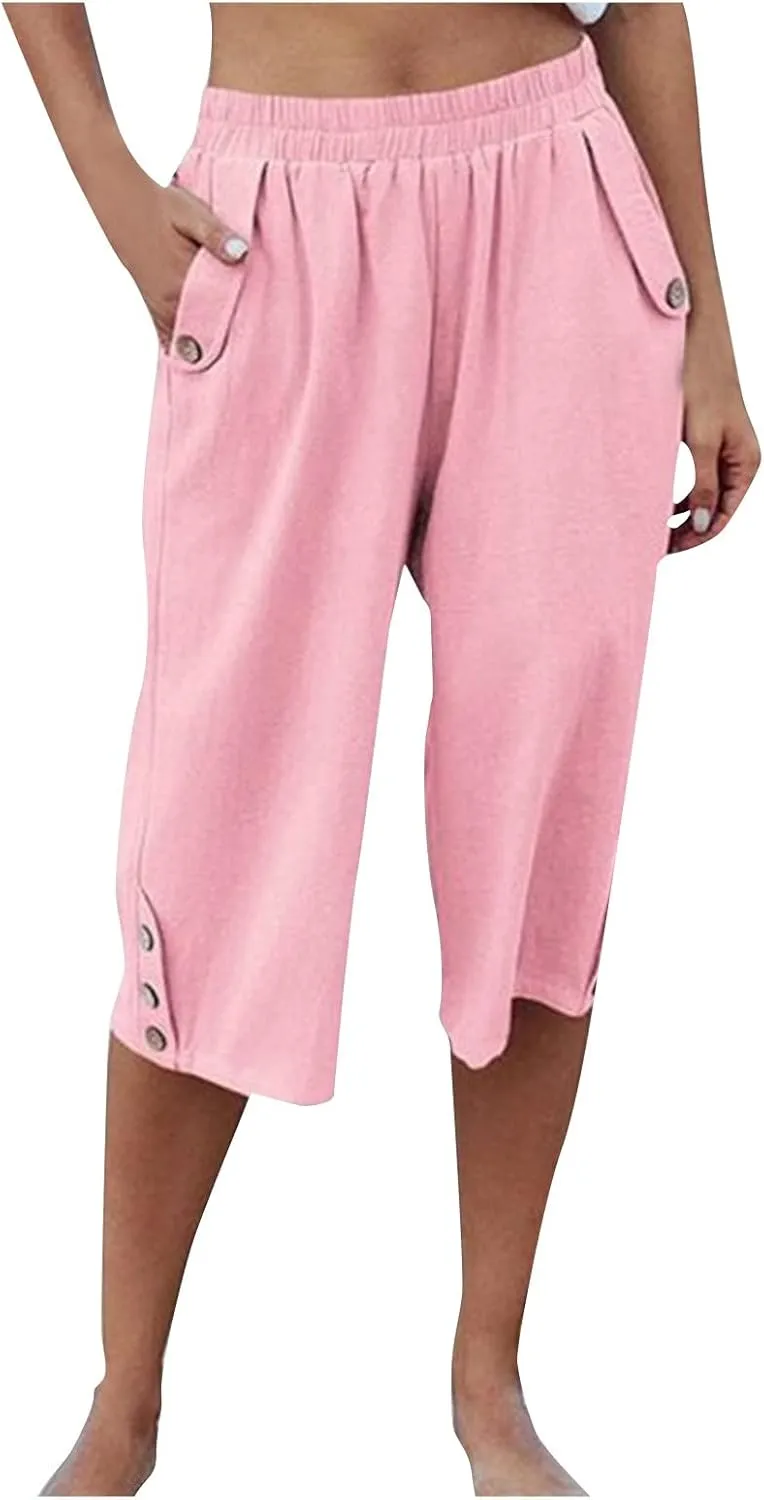 Womens Capris for Summer Elastic Waist Plus Size Capri Pants Wide Leg Linen Crop Pants Cropped Trousers with Pockets