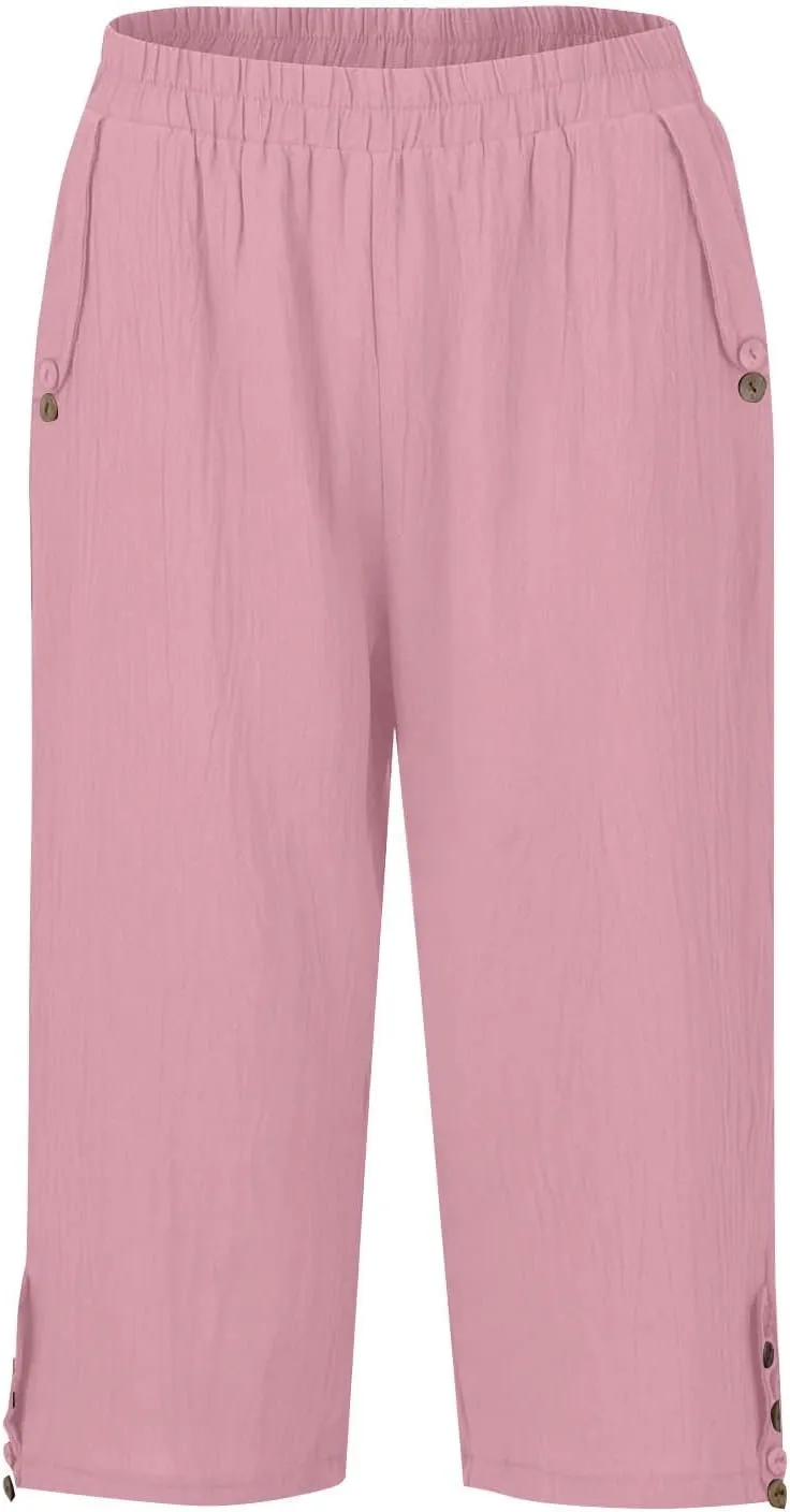 Womens Capris for Summer Elastic Waist Plus Size Capri Pants Wide Leg Linen Crop Pants Cropped Trousers with Pockets