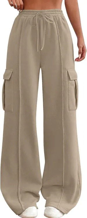 Womens Cargo Sweatpants with Pockets Wide Leg Baggy High Waisted Sweats Pants Drawstring Waist Athletic Trousers