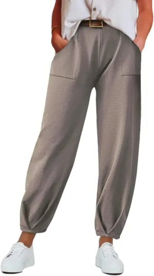 Women's Casual Lantern Tapered Harem Pants Summer Baggy High Elastic Waisted Loose Fit Pleated Trousers with Pockets