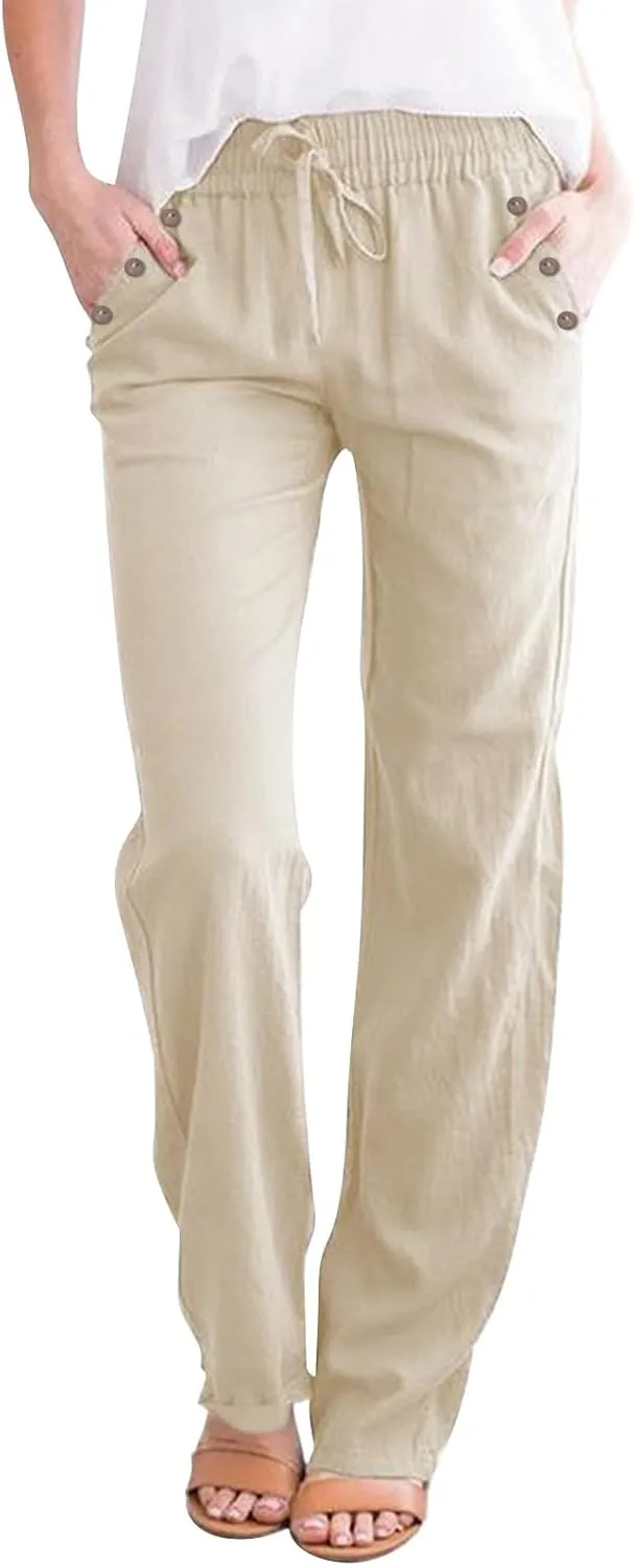 Womens Casual Linen High Waist Pants Drawstring Loose Fit Summer Pants Trousers with Side Pockets