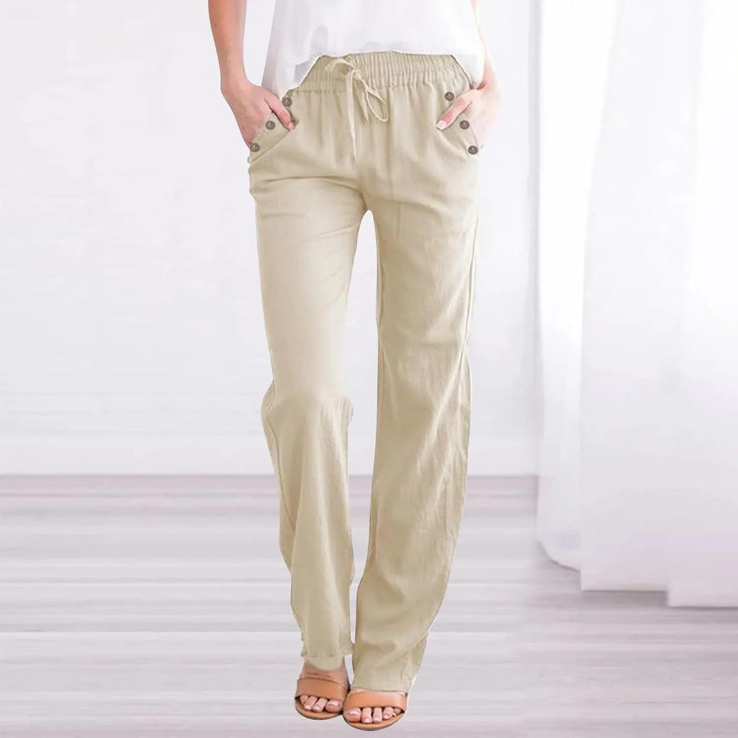 Womens Casual Linen High Waist Pants Drawstring Loose Fit Summer Pants Trousers with Side Pockets