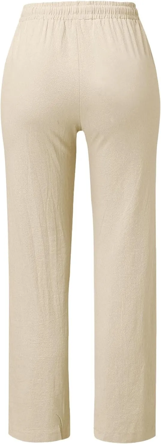 Womens Casual Linen High Waist Pants Drawstring Loose Fit Summer Pants Trousers with Side Pockets