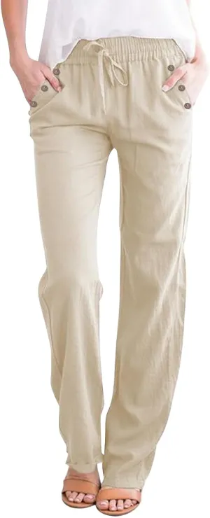 Womens Casual Linen High Waist Pants Drawstring Loose Fit Summer Pants Trousers with Side Pockets