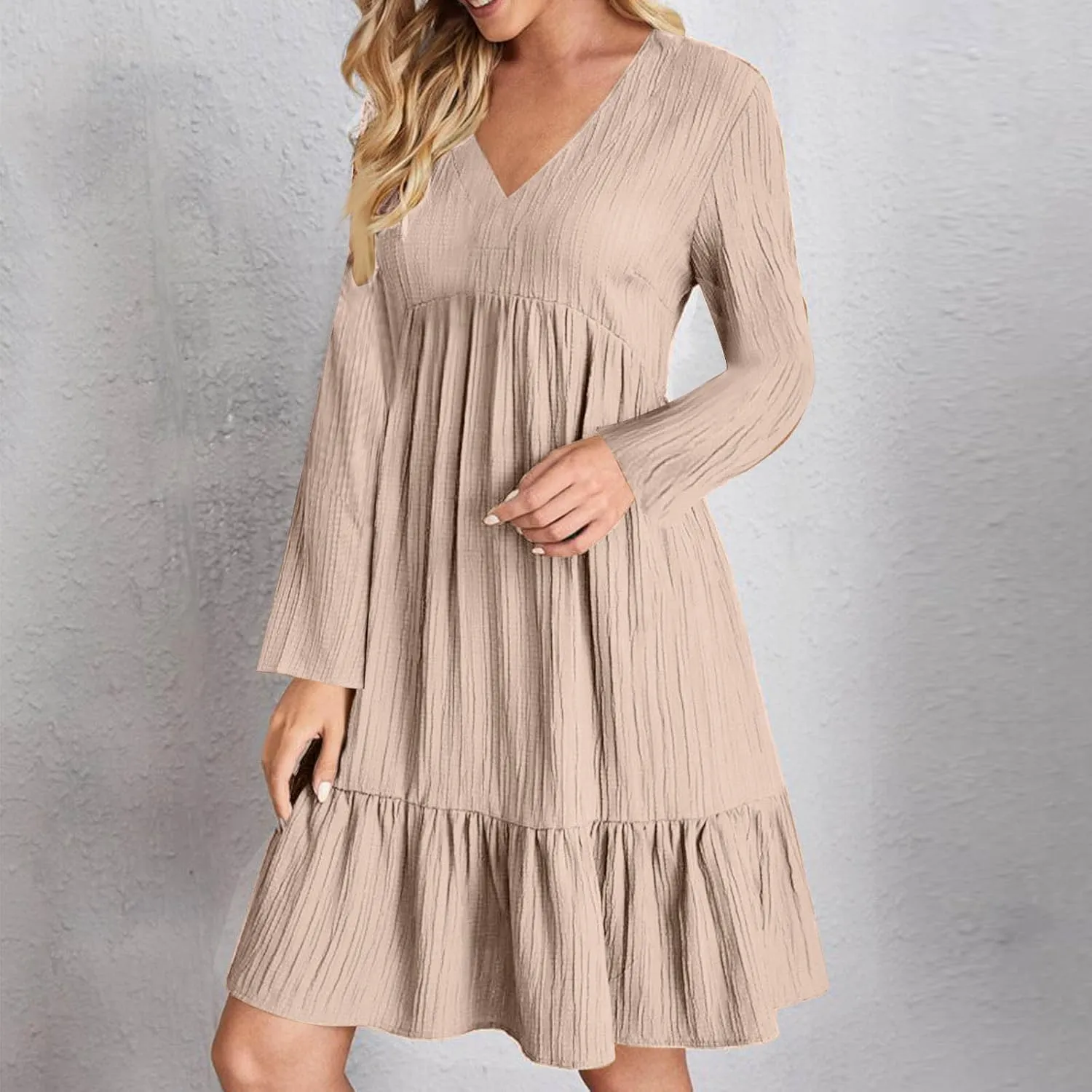 Women's Casual Long Sleeve V Neck Pleated Dress Tiered Ruffle Hem A-Line Loose Fit Flowy Swing Babydoll Mini Dresses