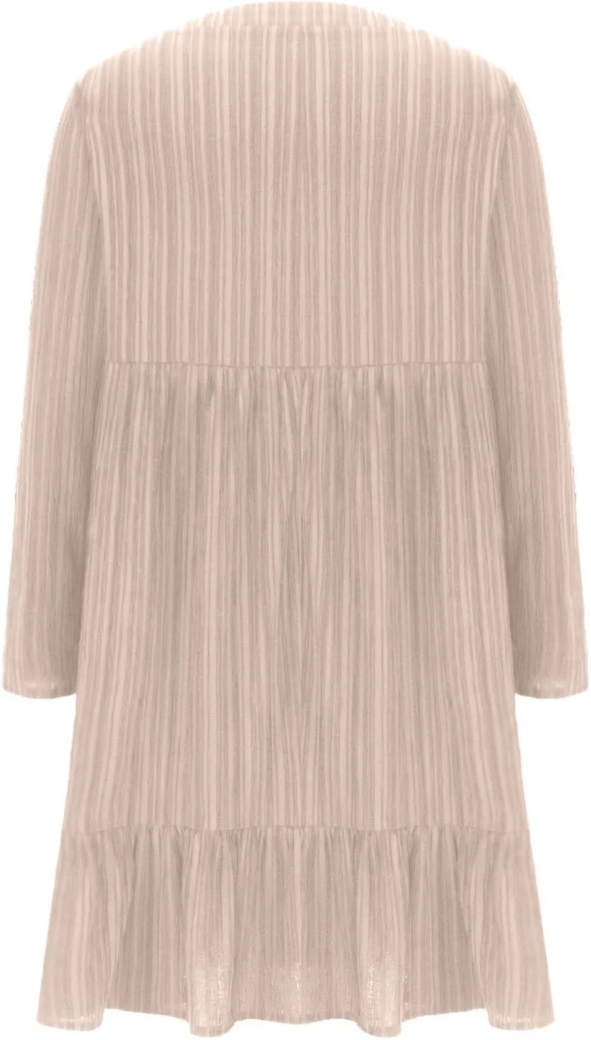 Women's Casual Long Sleeve V Neck Pleated Dress Tiered Ruffle Hem A-Line Loose Fit Flowy Swing Babydoll Mini Dresses