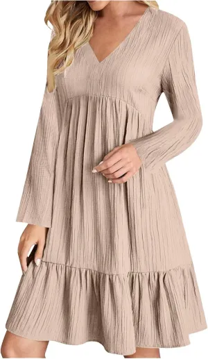 Women's Casual Long Sleeve V Neck Pleated Dress Tiered Ruffle Hem A-Line Loose Fit Flowy Swing Babydoll Mini Dresses