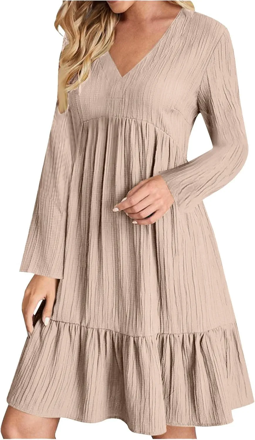 Women's Casual Long Sleeve V Neck Pleated Dress Tiered Ruffle Hem A-Line Loose Fit Flowy Swing Babydoll Mini Dresses