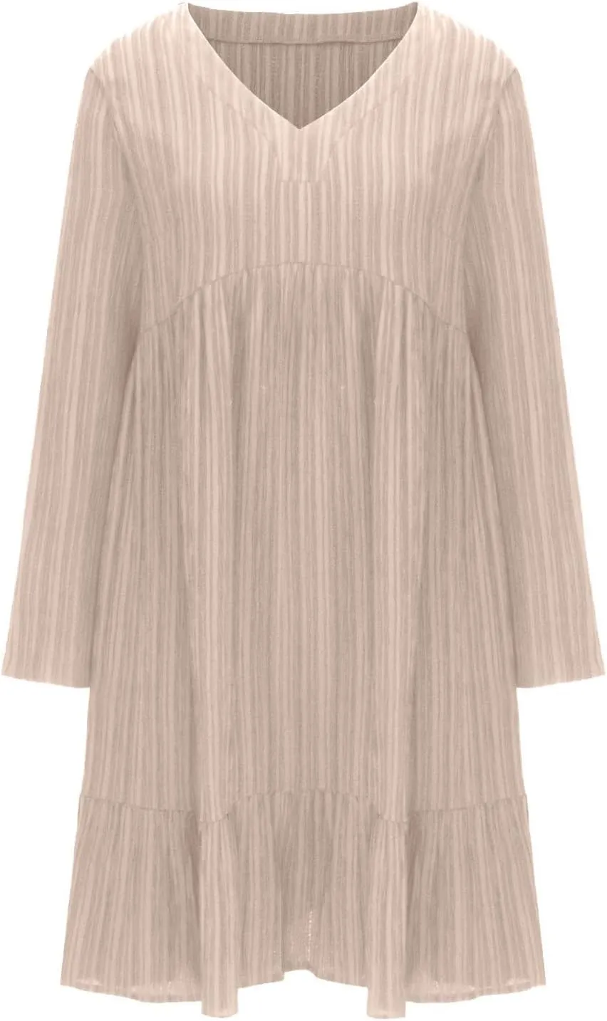 Women's Casual Long Sleeve V Neck Pleated Dress Tiered Ruffle Hem A-Line Loose Fit Flowy Swing Babydoll Mini Dresses