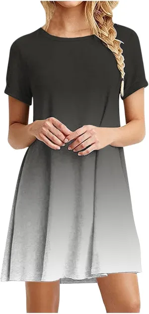 Women's Casual Simple T-Shirt Loose Dress Short Sleeve Ombre Dress Summer T-Shirt Sundress Gradient Swing Dresses