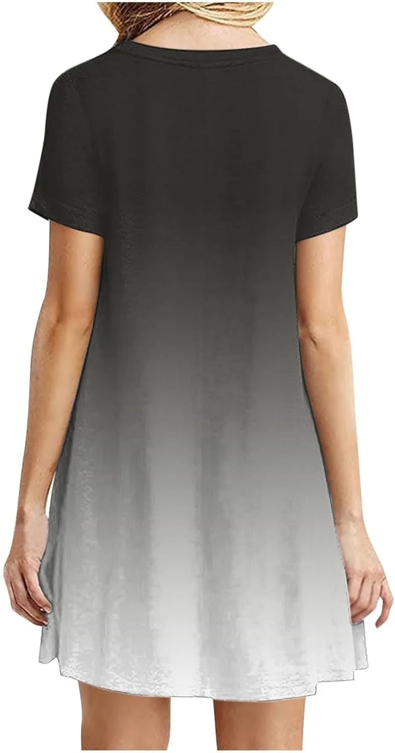 Women's Casual Simple T-Shirt Loose Dress Short Sleeve Ombre Dress Summer T-Shirt Sundress Gradient Swing Dresses