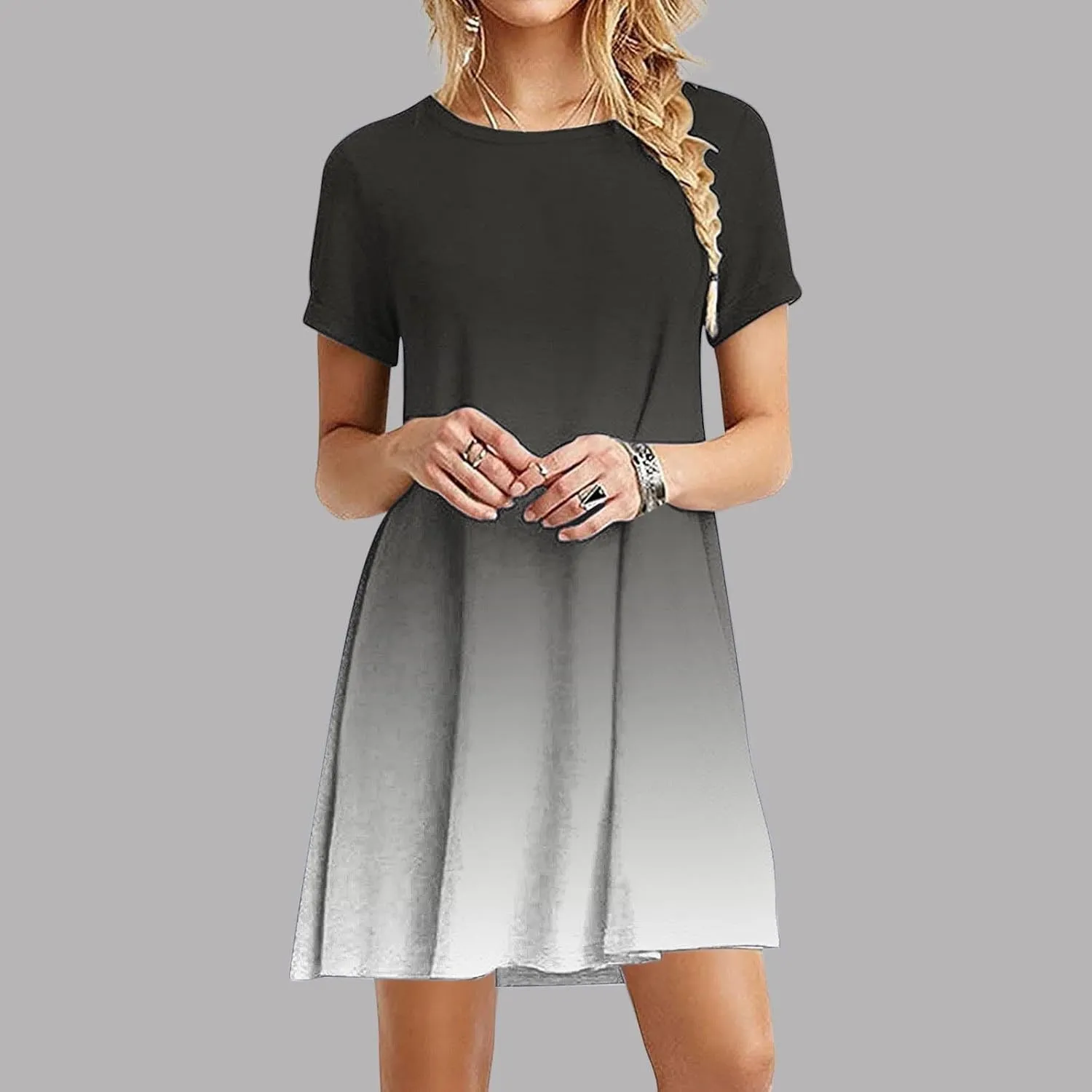 Women's Casual Simple T-Shirt Loose Dress Short Sleeve Ombre Dress Summer T-Shirt Sundress Gradient Swing Dresses