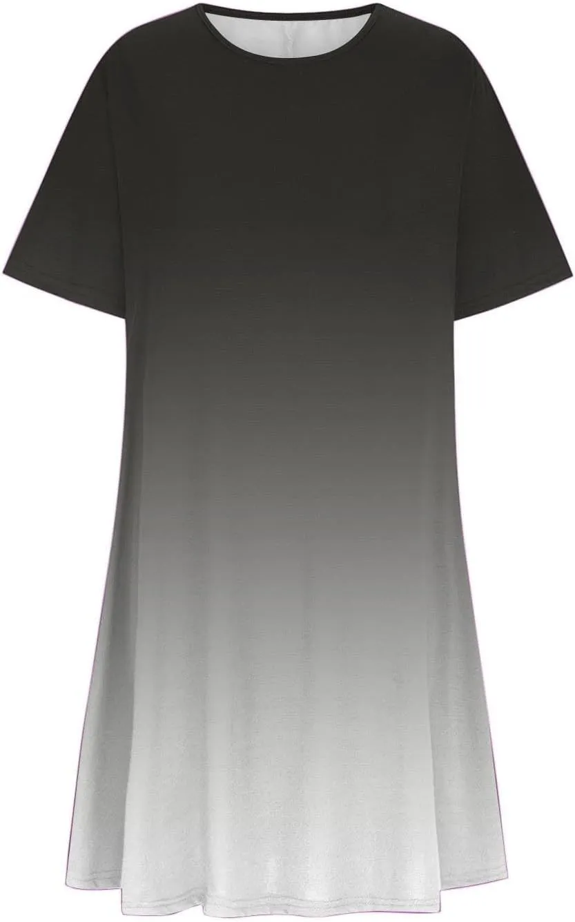 Women's Casual Simple T-Shirt Loose Dress Short Sleeve Ombre Dress Summer T-Shirt Sundress Gradient Swing Dresses