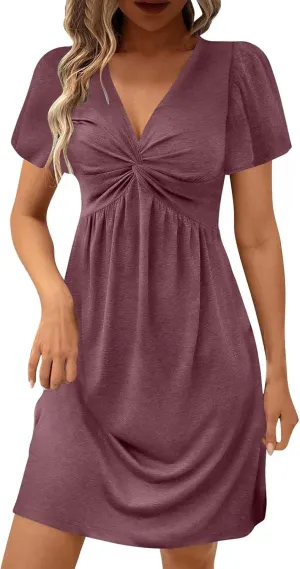 Womens Casual Summer Twist Front V Neck Short Sleeve Mini Dress, Elegant Short Sleeve Swing Sundress Beach Outfits