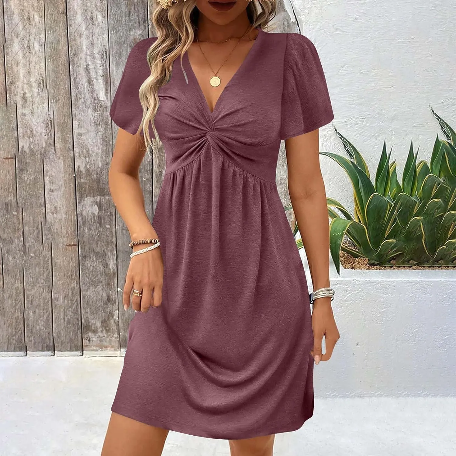 Womens Casual Summer Twist Front V Neck Short Sleeve Mini Dress, Elegant Short Sleeve Swing Sundress Beach Outfits
