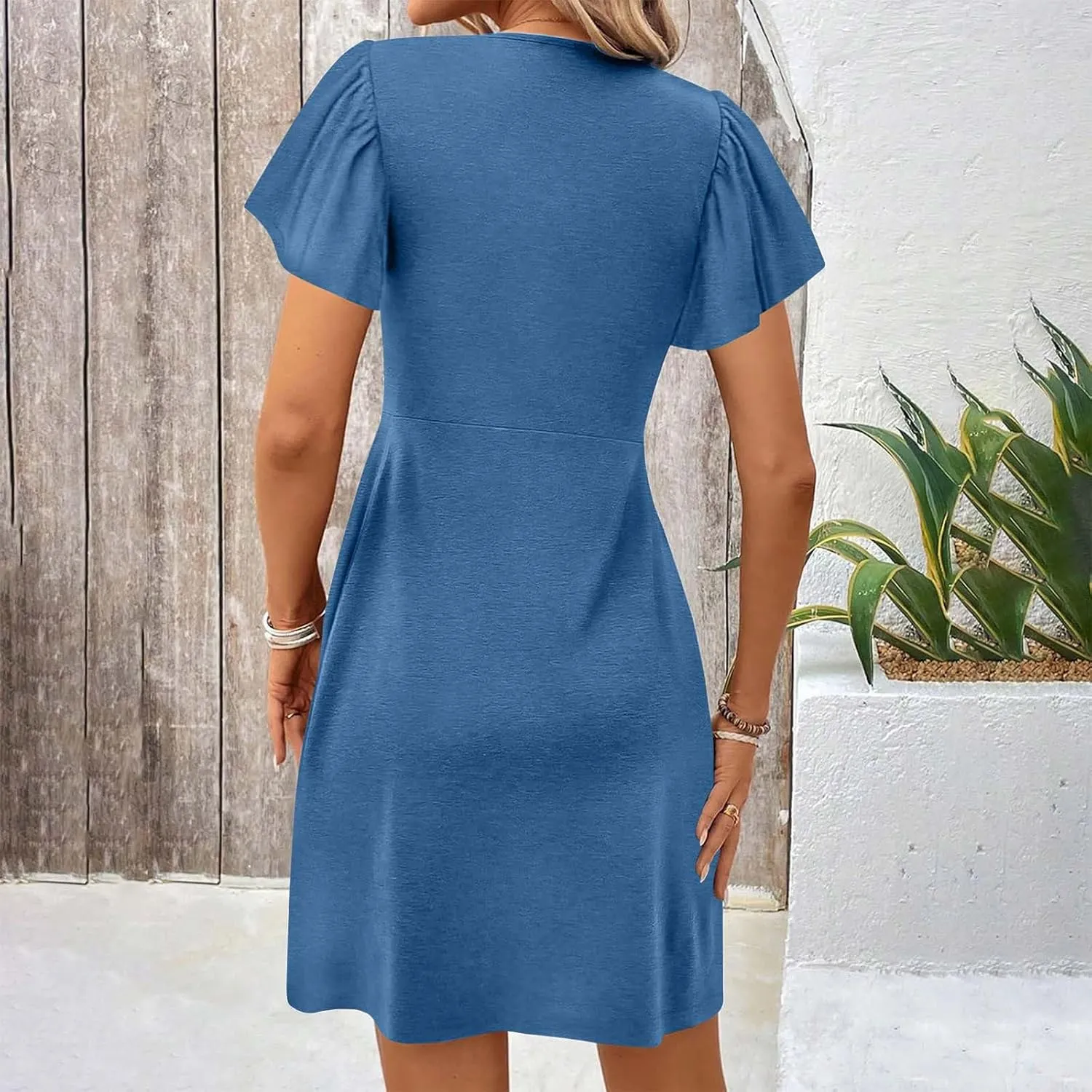 Womens Casual Summer Twist Front V Neck Short Sleeve Mini Dress, Elegant Short Sleeve Swing Sundress Beach Outfits