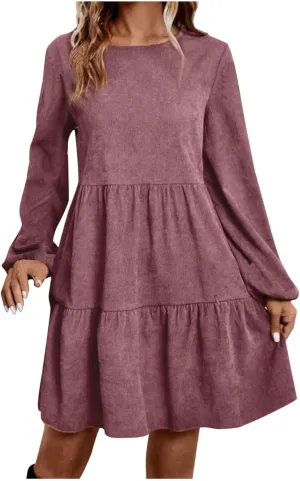 Women's Corduroy Tiered Ruffle Mini Dress Lantern Long Sleeve Flared Dresses Casual Fitted Crewneck Babydoll Dress