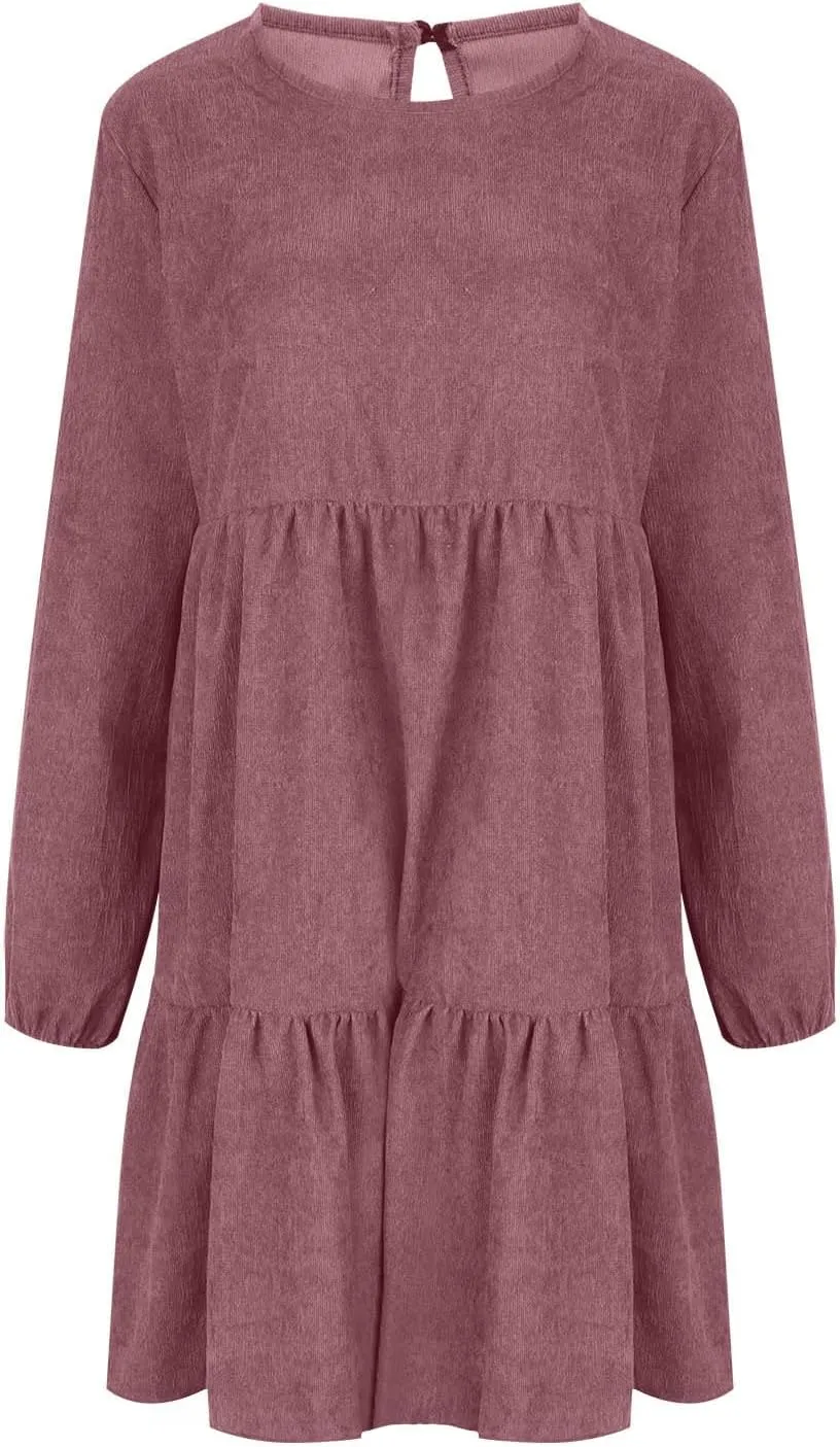Women's Corduroy Tiered Ruffle Mini Dress Lantern Long Sleeve Flared Dresses Casual Fitted Crewneck Babydoll Dress