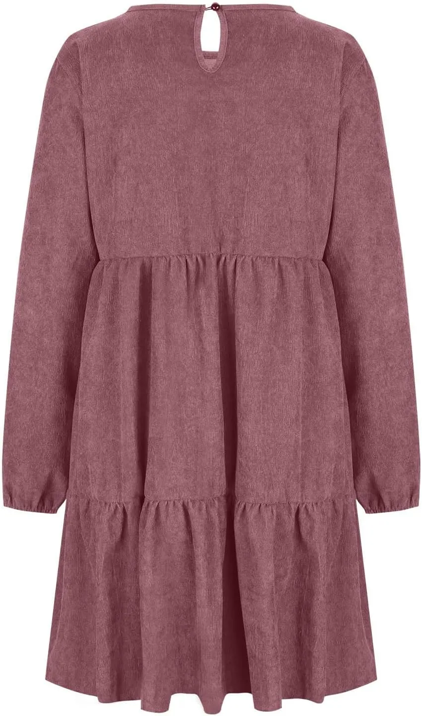 Women's Corduroy Tiered Ruffle Mini Dress Lantern Long Sleeve Flared Dresses Casual Fitted Crewneck Babydoll Dress