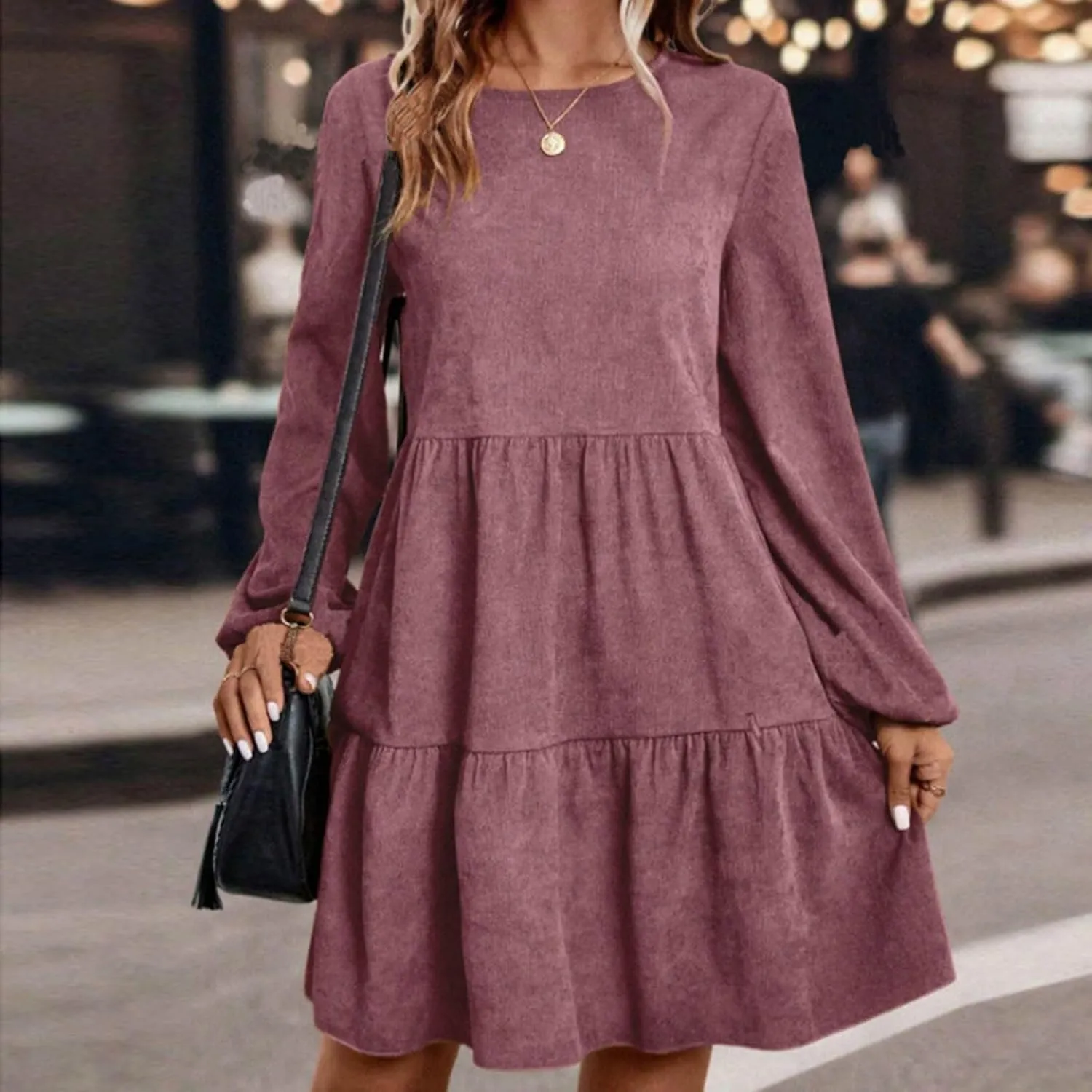 Women's Corduroy Tiered Ruffle Mini Dress Lantern Long Sleeve Flared Dresses Casual Fitted Crewneck Babydoll Dress