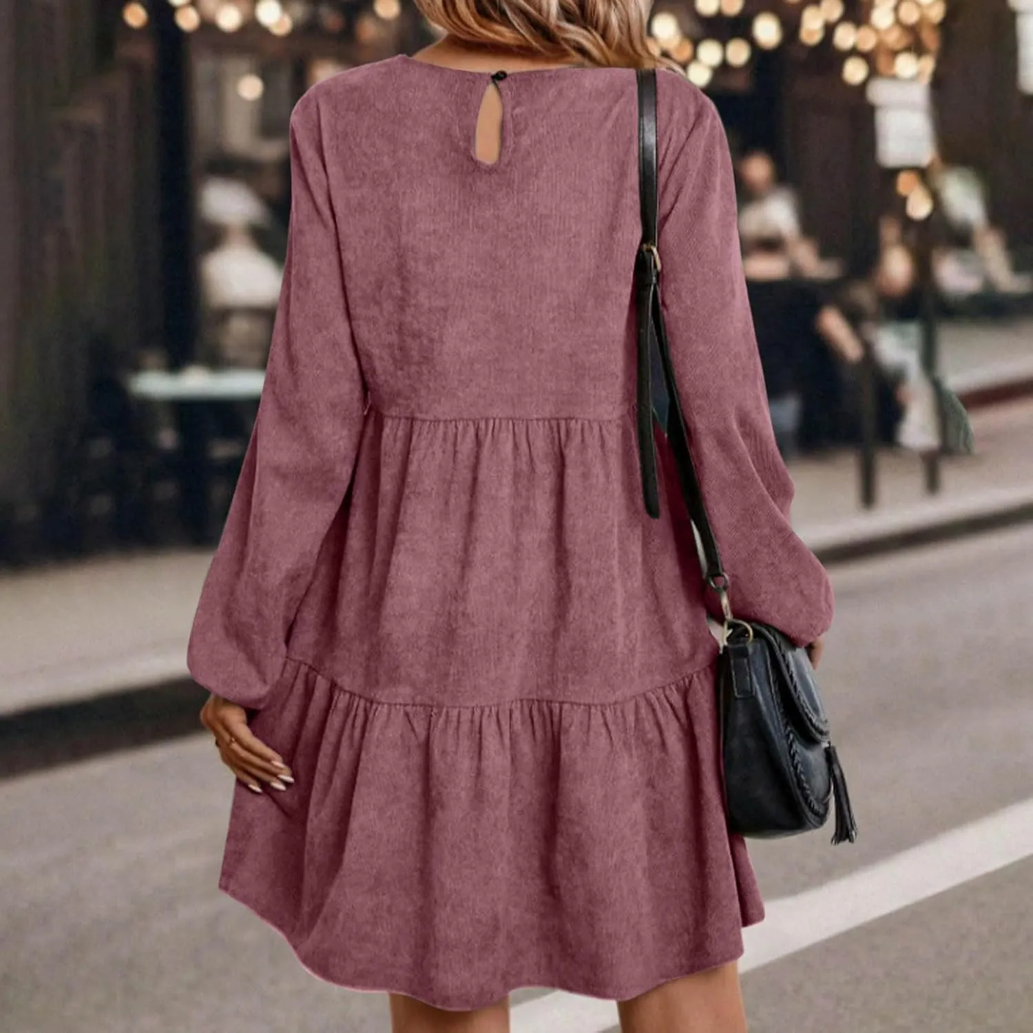 Women's Corduroy Tiered Ruffle Mini Dress Lantern Long Sleeve Flared Dresses Casual Fitted Crewneck Babydoll Dress