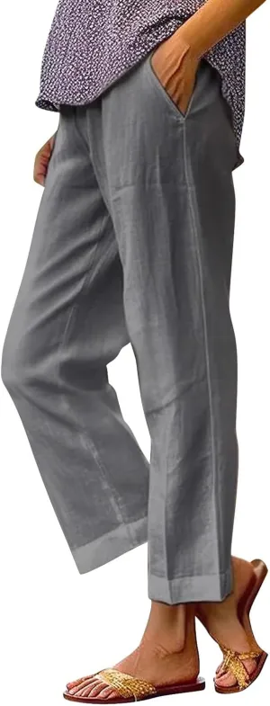 Womens Cotton Linen Capris Pants Elastic Loose Cropped Waist Drawstring Summer Trousers Beach Travel Boho