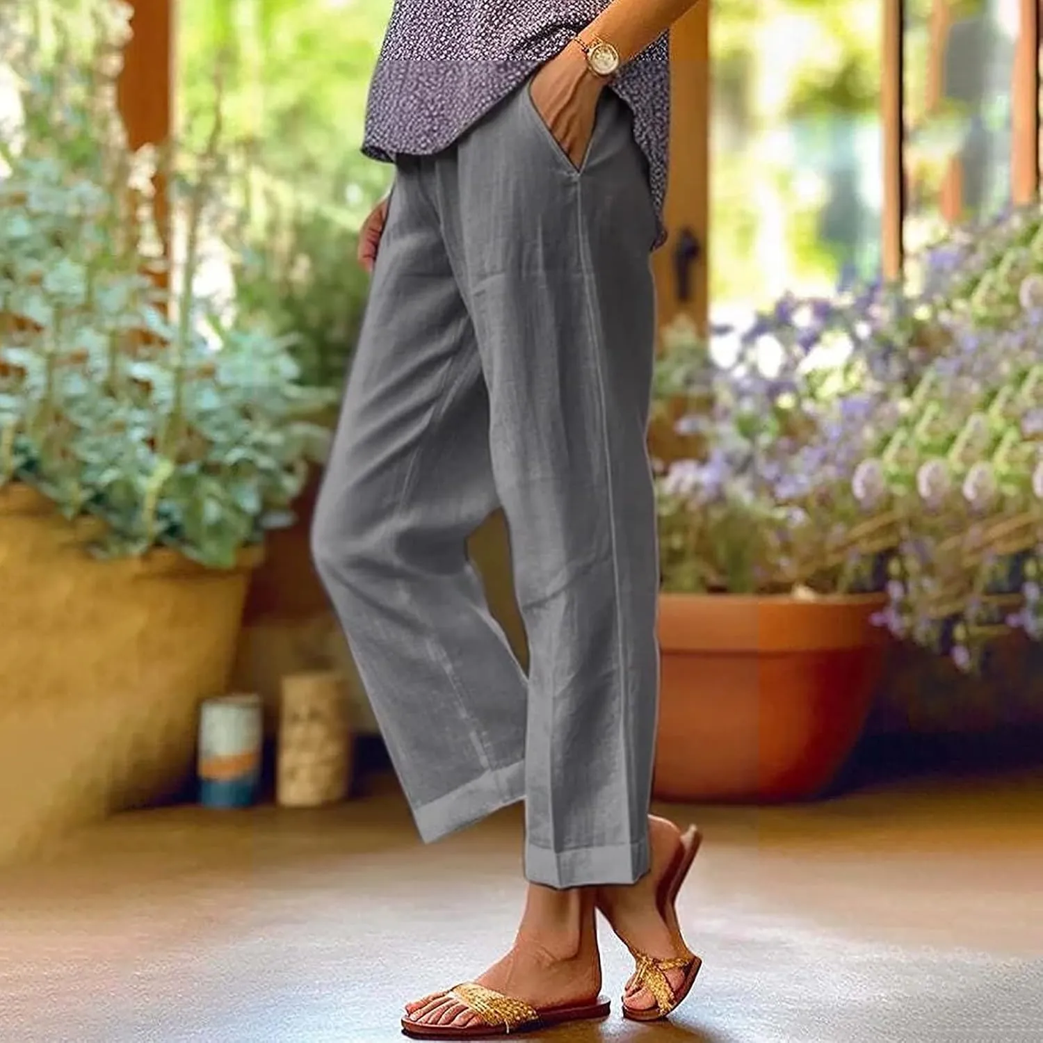 Womens Cotton Linen Capris Pants Elastic Loose Cropped Waist Drawstring Summer Trousers Beach Travel Boho