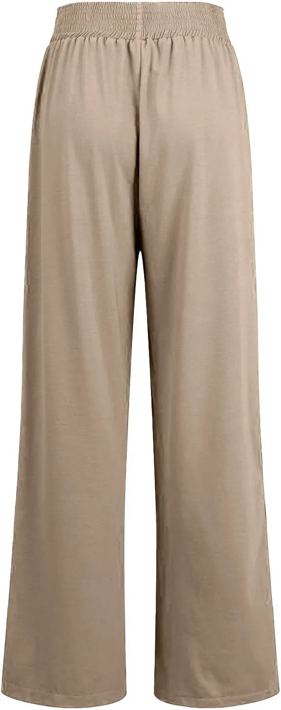 Womens Cotton Linen Elastic High Waist Palazzo Pants Wide Leg Loose Flowy Trousers with Pockets Lightweight Lounge Pants