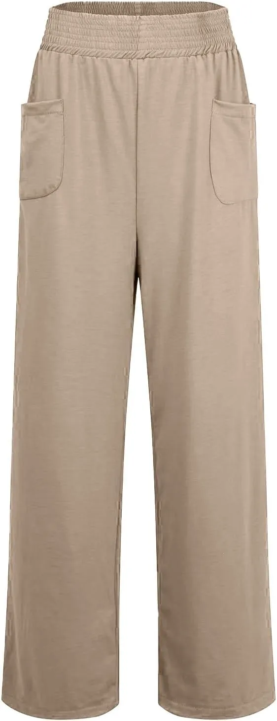Womens Cotton Linen Elastic High Waist Palazzo Pants Wide Leg Loose Flowy Trousers with Pockets Lightweight Lounge Pants