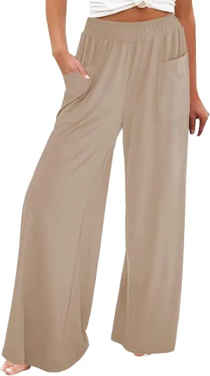 Womens Cotton Linen Elastic High Waist Palazzo Pants Wide Leg Loose Flowy Trousers with Pockets Lightweight Lounge Pants