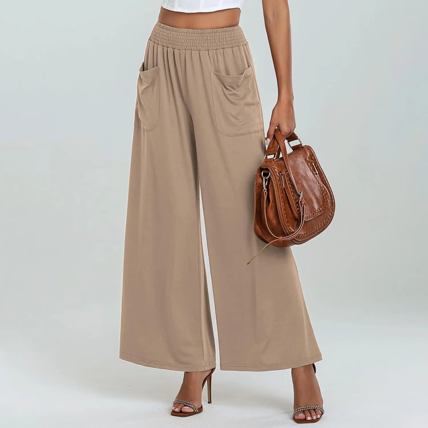 Womens Cotton Linen Elastic High Waist Palazzo Pants Wide Leg Loose Flowy Trousers with Pockets Lightweight Lounge Pants