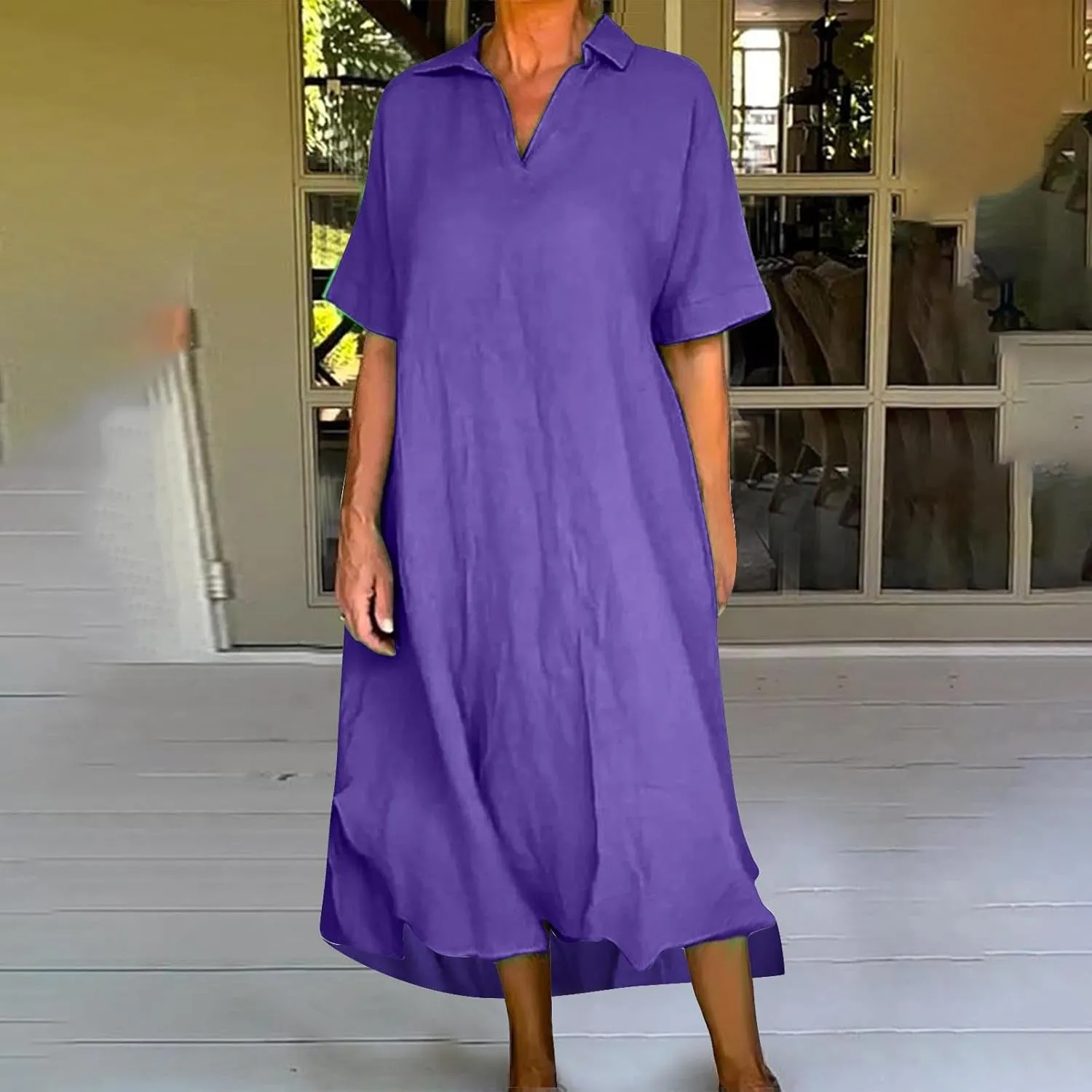 Women's Cotton Linen Maxi Dress Short Sleeve V Neck Causal Loose Dresses Summer Plus Size Solid Color Sundresses 2025
