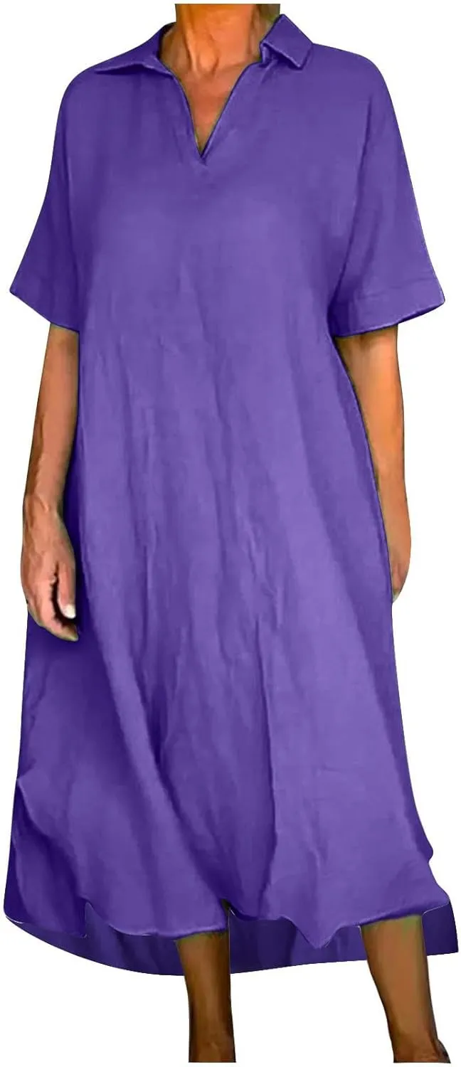 Women's Cotton Linen Maxi Dress Short Sleeve V Neck Causal Loose Dresses Summer Plus Size Solid Color Sundresses 2025