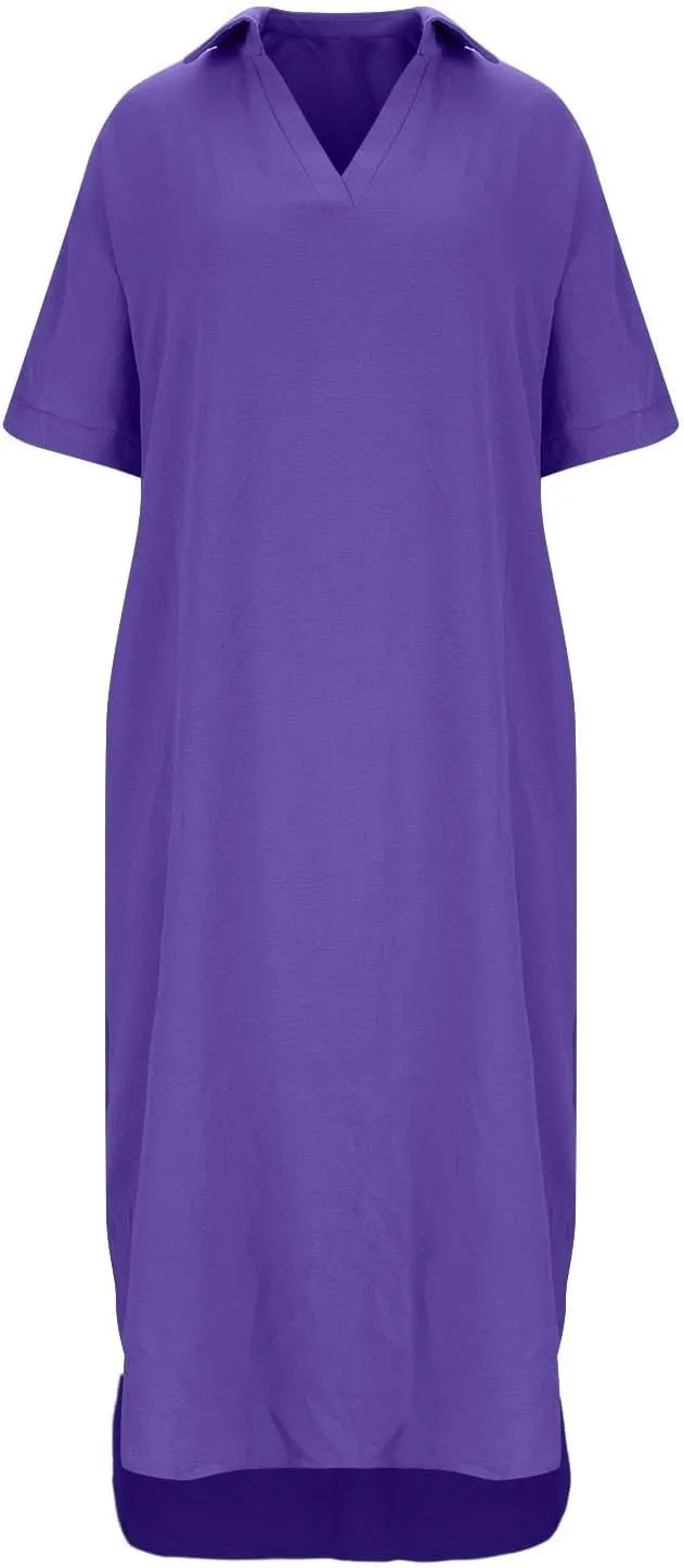 Women's Cotton Linen Maxi Dress Short Sleeve V Neck Causal Loose Dresses Summer Plus Size Solid Color Sundresses 2025