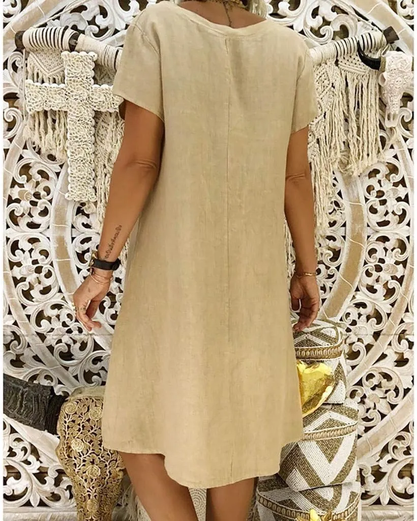 Women's Cotton Linen Midi Dress Summer Plus Size V-Neck Short Sleeve T Shirt Dresses Flowy Solid Color Beach Dress