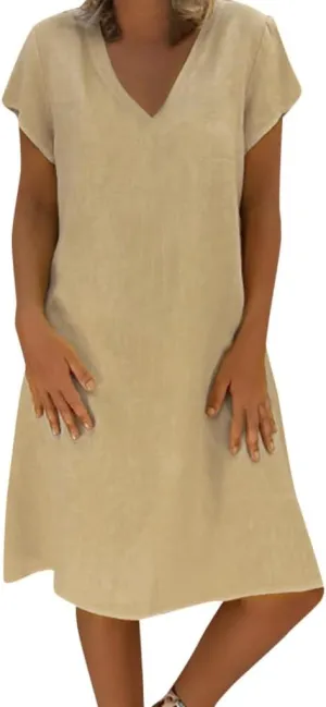 Women's Cotton Linen Midi Dress Summer Plus Size V-Neck Short Sleeve T Shirt Dresses Flowy Solid Color Beach Dress