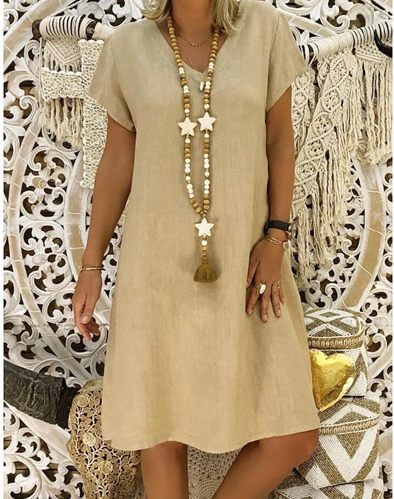 Women's Cotton Linen Midi Dress Summer Plus Size V-Neck Short Sleeve T Shirt Dresses Flowy Solid Color Beach Dress