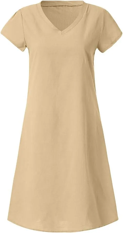 Women's Cotton Linen Midi Dress Summer Plus Size V-Neck Short Sleeve T Shirt Dresses Flowy Solid Color Beach Dress