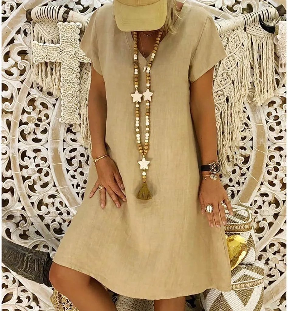 Women's Cotton Linen Midi Dress Summer Plus Size V-Neck Short Sleeve T Shirt Dresses Flowy Solid Color Beach Dress