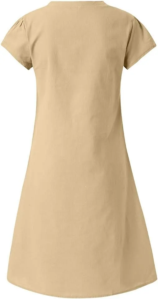 Women's Cotton Linen Midi Dress Summer Plus Size V-Neck Short Sleeve T Shirt Dresses Flowy Solid Color Beach Dress