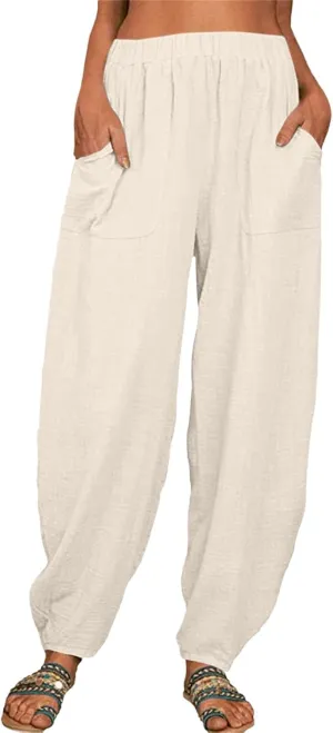 Womens Cotton Linen Pants Drawstring Elastic Waist Wide Leg Loose Fit Summer Trouser Palazzo Pant Women with Pockets