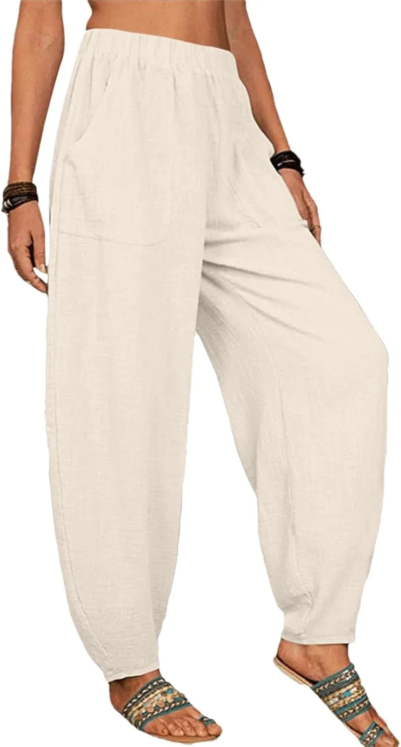 Womens Cotton Linen Pants Drawstring Elastic Waist Wide Leg Loose Fit Summer Trouser Palazzo Pant Women with Pockets