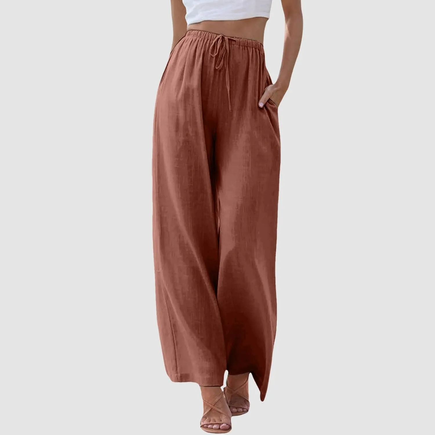 Women's Cotton Linen Pants Elastic High Waist Wide Leg Drawstring Lounge Pants Stretchy Casual Loose Summer Trousers