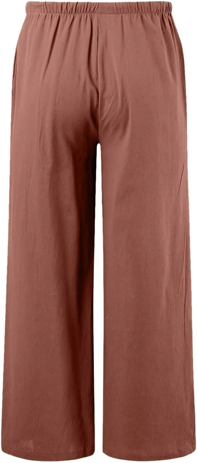 Women's Cotton Linen Pants Elastic High Waist Wide Leg Drawstring Lounge Pants Stretchy Casual Loose Summer Trousers