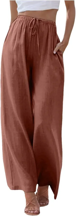 Women's Cotton Linen Pants Elastic High Waist Wide Leg Drawstring Lounge Pants Stretchy Casual Loose Summer Trousers