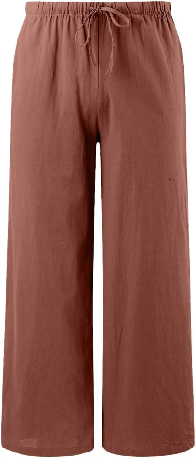 Women's Cotton Linen Pants Elastic High Waist Wide Leg Drawstring Lounge Pants Stretchy Casual Loose Summer Trousers