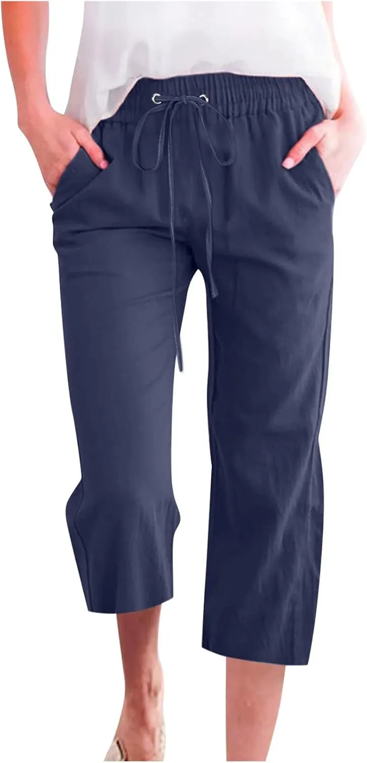 Womens Cotton Linen Pants Straight Leg Capris with Pockets 2025 Summer Pants Casual Lounge Loose Fit Soft Trousers